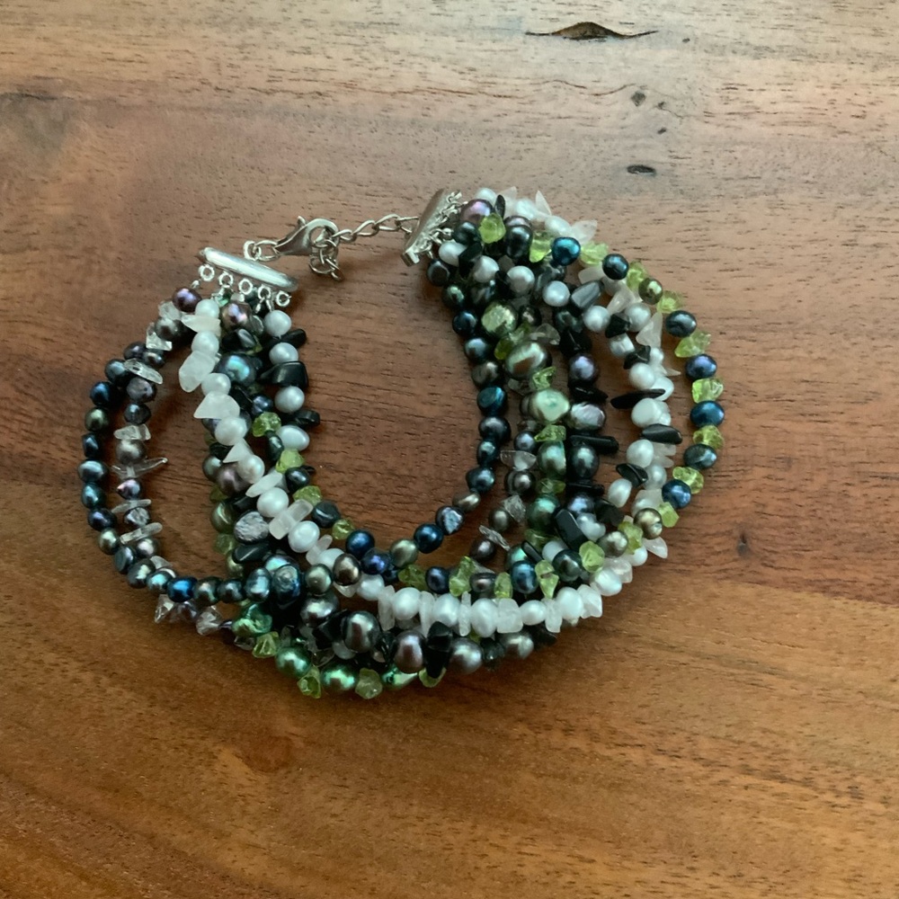 Multi strand Bracelet Silver Color Faux Pearls chips Gemstone